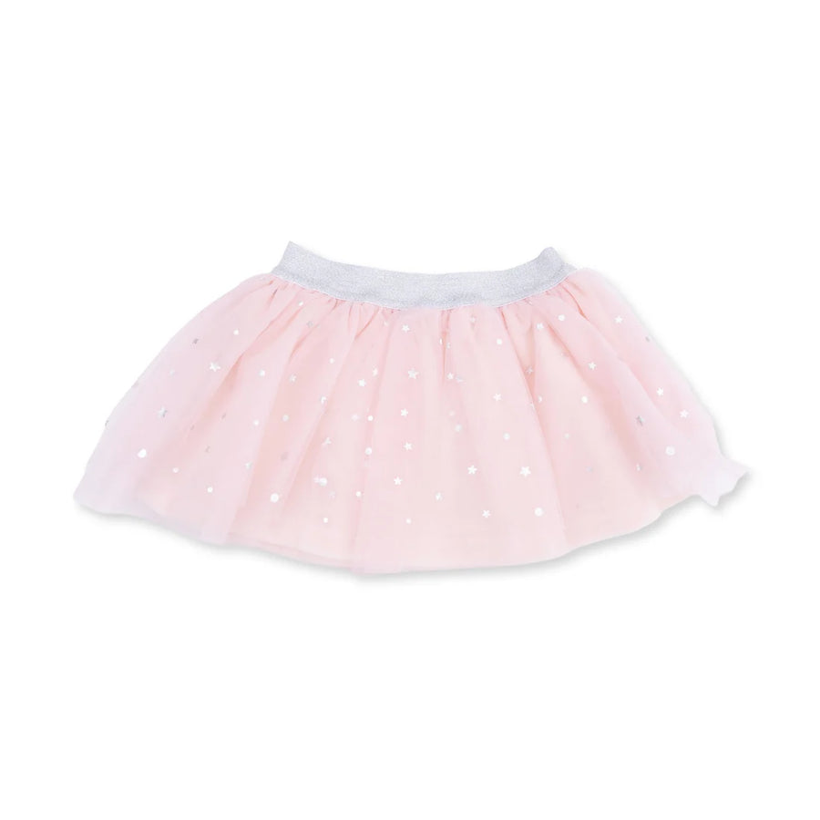 A light pink tulle tutu skirt with small white polka dots and a light gray elastic waistband, shown against a plain white background.