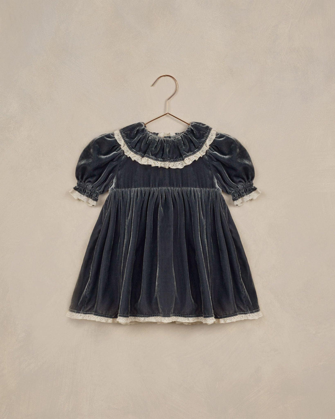 midnight gray velvet dress with big collar and puff sleeve. trimmed in delicate lace. 