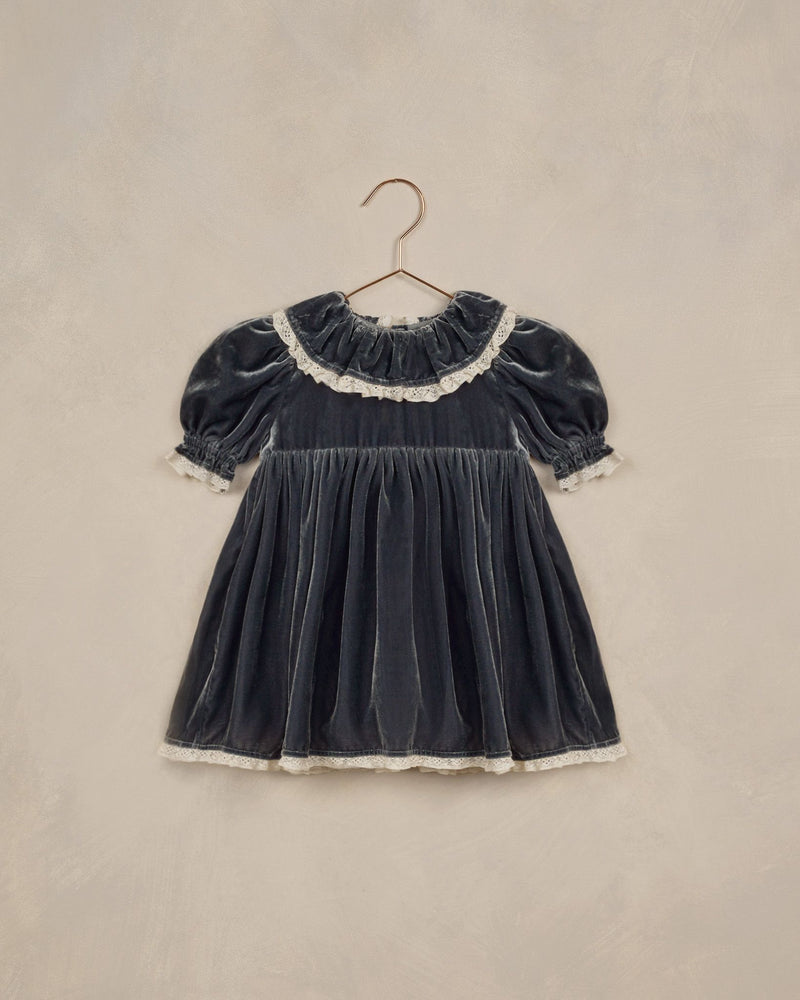 midnight gray velvet dress with big collar and puff sleeve. trimmed in delicate lace. 