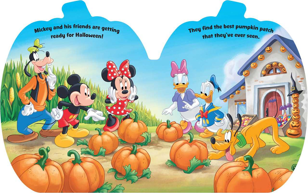 A children's board book or booklet page with two rounded, pumpkin-shaped page edges. The illustrated cover shows Mickey Mouse, Minnie Mouse, Goofy, Donald Duck, Daisy Duck, Pluto, and a pumpkin patch with pumpkins, corn, and a Halloween house.