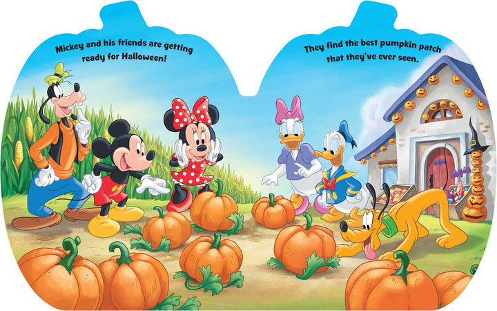 A children's board book or booklet page with two rounded, pumpkin-shaped page edges. The illustrated cover shows Mickey Mouse, Minnie Mouse, Goofy, Donald Duck, Daisy Duck, Pluto, and a pumpkin patch with pumpkins, corn, and a Halloween house.