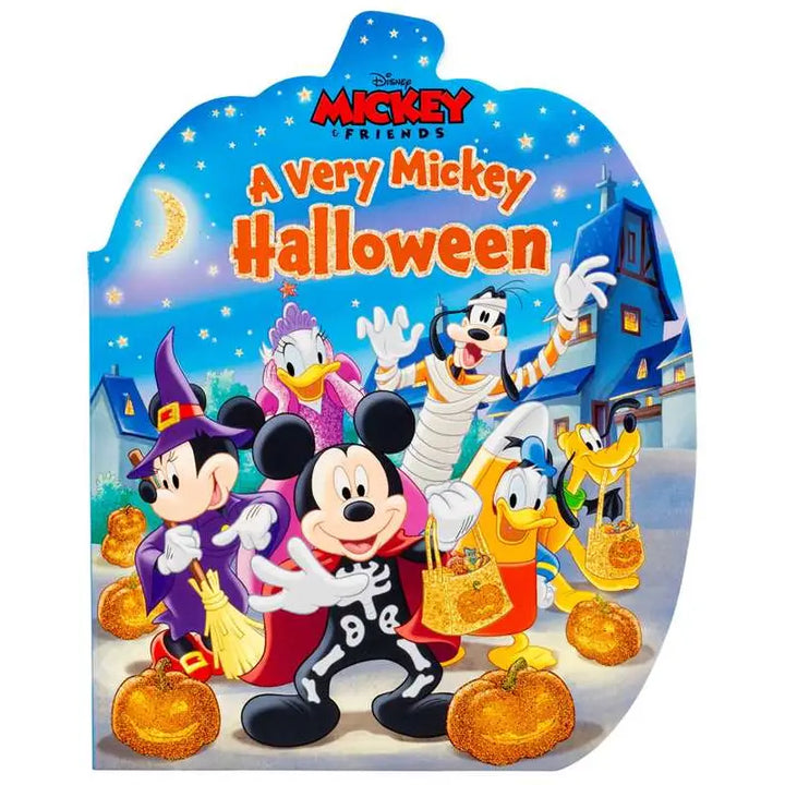 Disney Mickey Friends A Very Mickey Halloween book cover featuring Mickey Mouse, Donald Duck, Goofy, Daisy Duck, Pluto, and other Disney characters dressed in Halloween costumes on a pumpkin-shaped background.
