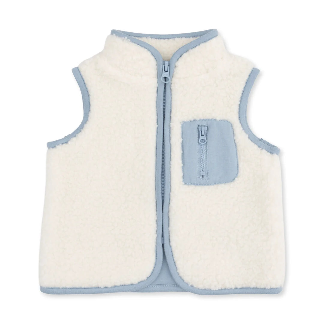 A sleeveless zip-up fleece vest in off-white with light blue trim and a matching light blue chest pocket, shown on a plain white background.