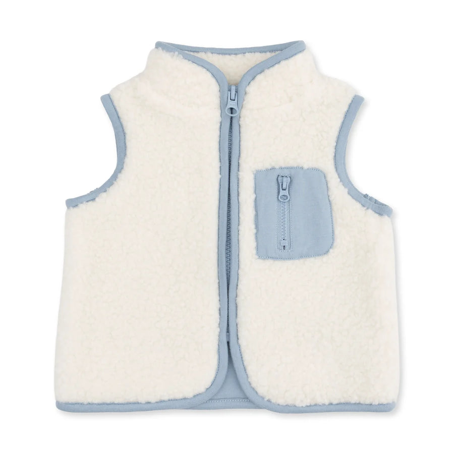 A sleeveless zip-up fleece vest in off-white with light blue trim and a matching light blue chest pocket, shown on a plain white background.