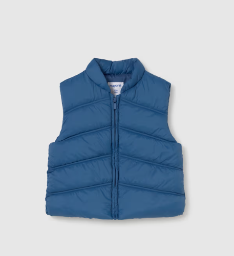 A blue puffer vest with horizontal quilting, a mock neck collar, and a front zipper, shown flat on a light gray background.
