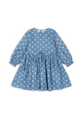 girls dress, long sleeve blue with small beige hearts all over. cute gathering detail at the waist. blouson sleeves. 