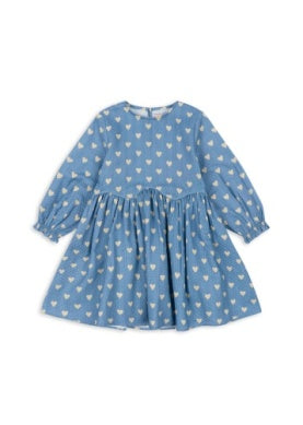 girls dress, long sleeve blue with small beige hearts all over. cute gathering detail at the waist. blouson sleeves. 