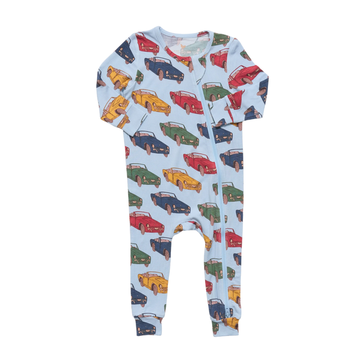 A baby long-sleeve footless romper in light blue, covered in a colorful pattern of vintage cars in red, yellow, green, and blue, shown against a plain white background.