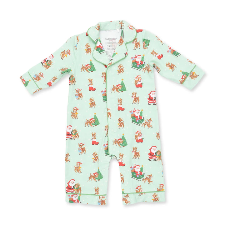 A baby long-sleeve pajama romper in mint green with a festive Christmas print featuring Santa Claus in sleighs, reindeer, and Christmas trees, shown flat on a white background.