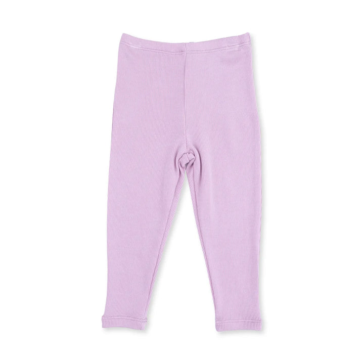 A pair of light purple ribbed leggings for toddlers, shown flat against a plain white background.