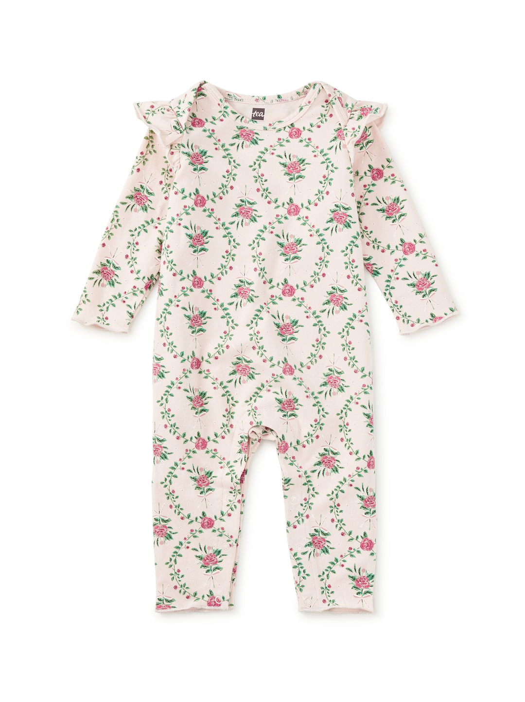 Baby Girl Jumpsuits and Rompers | Ruffle Shoulder Baby Romper- Wallpaper Floral | Tea Collection