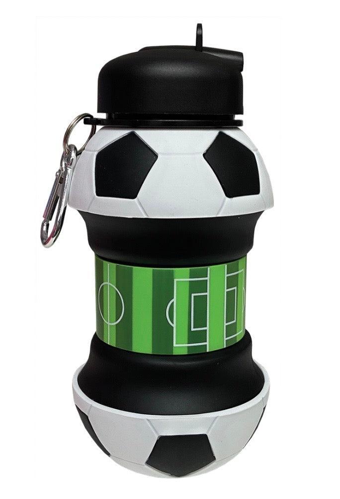 Soccer ball-shaped water bottle with black, white, and green design on a white background