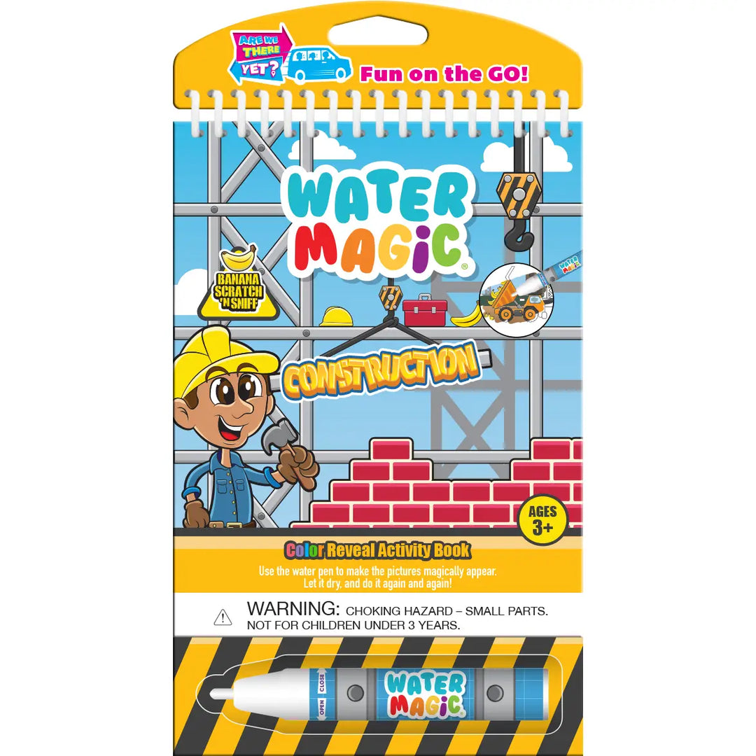 Water Magic Construction activity book packaging with a child holding a hammer and construction-themed illustrations.