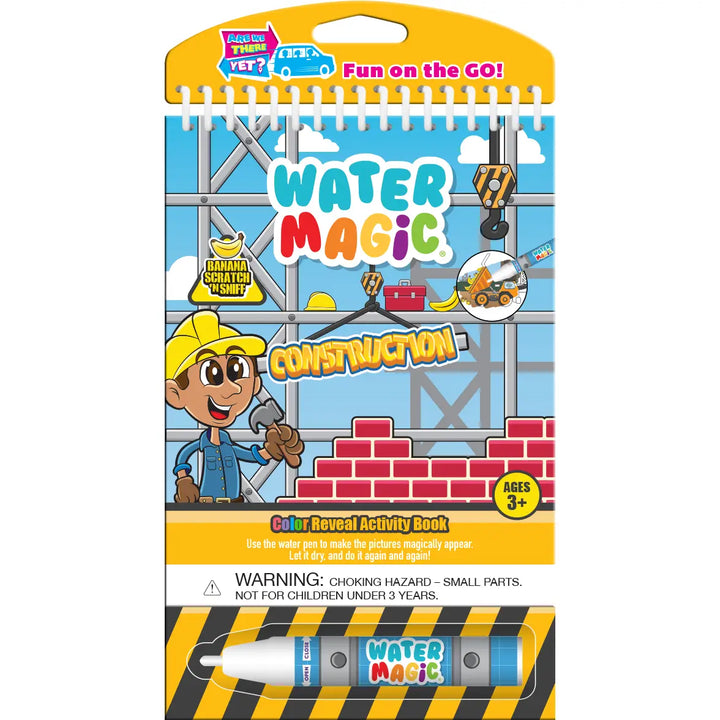 Water Magic Construction activity book packaging with a child holding a hammer and construction-themed illustrations.