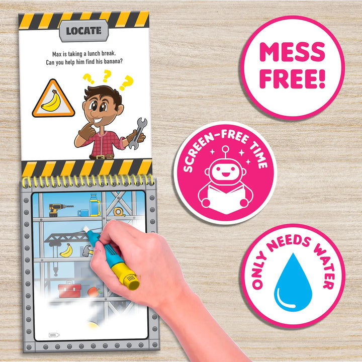 Children's activity book with a cartoon character, markers, and water bottle on a wooden surface.