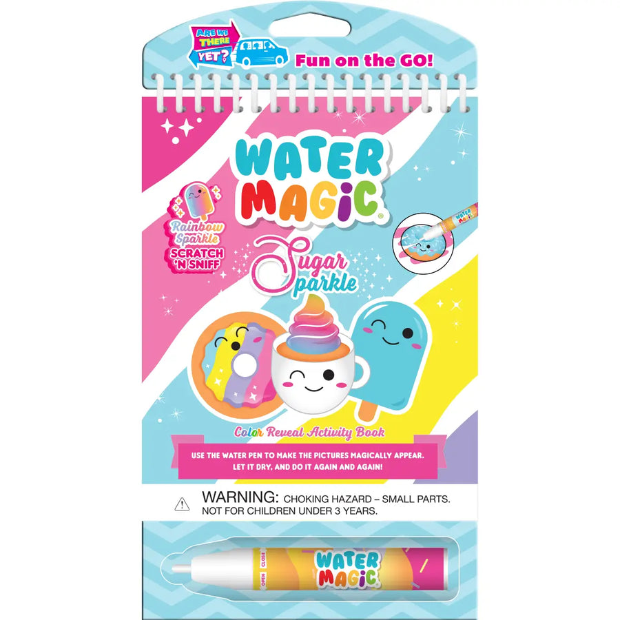 Water Magic Sugar Sparkle activity book with a matching water pen, featuring colorful cartoon graphics of a donut and a cup with a rainbow on the cover.