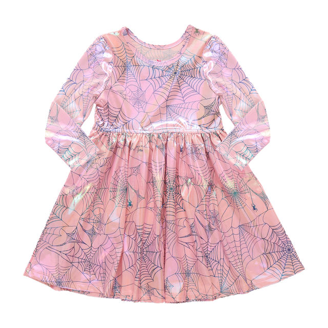 Pink dress with spider web pattern on a white background