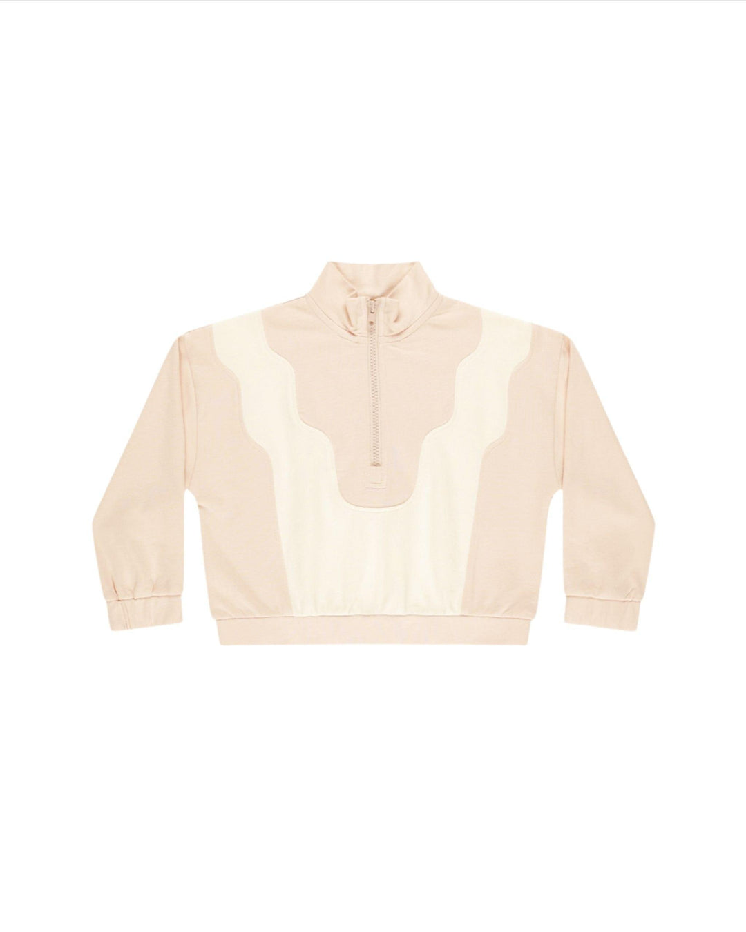 3/4 zipper on long sleeve sweatshirt. soft pink with a cream linear/waving design going through it. 