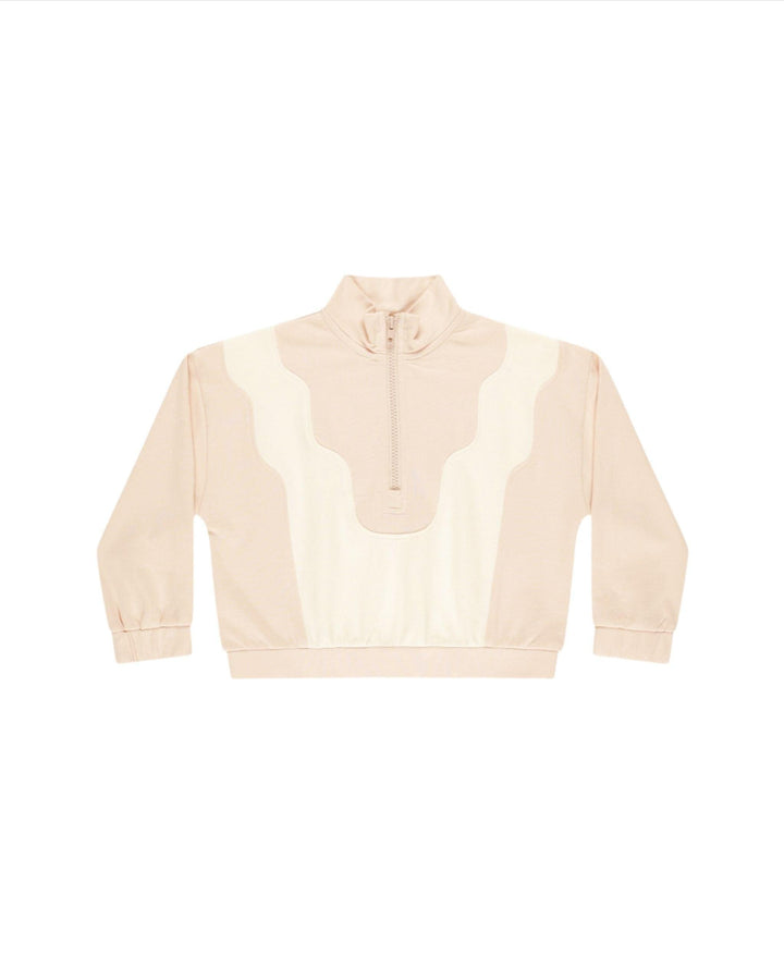 3/4 zipper on long sleeve sweatshirt. soft pink with a cream linear/waving design going through it. 