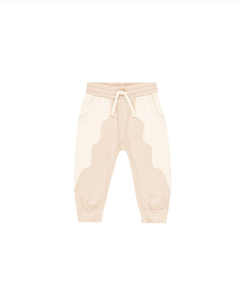 soft pink sweatpants with drawstring  with cream wavy linear design through it