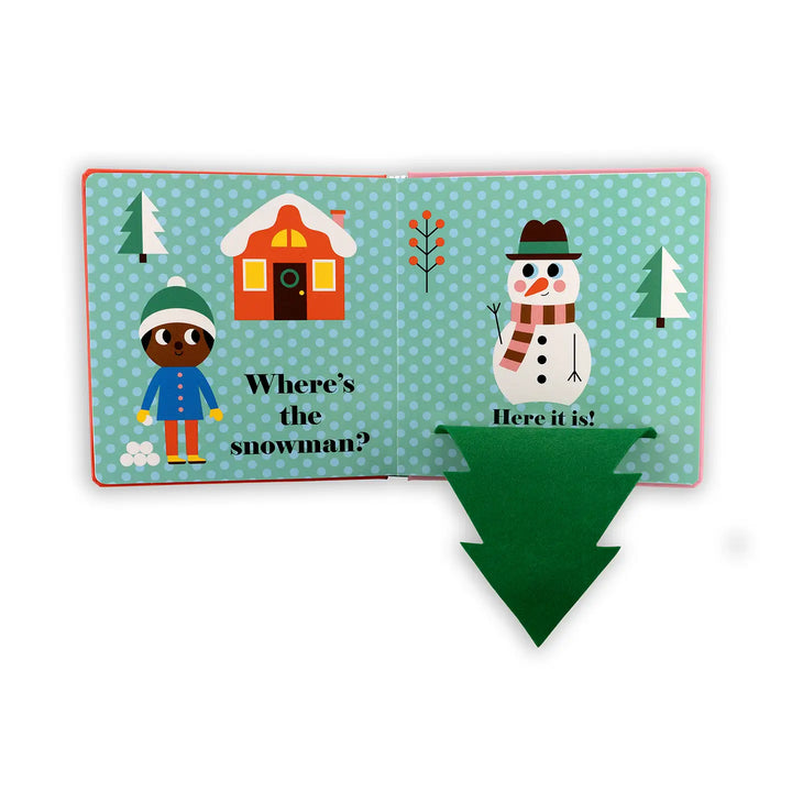 Children's book page with a snowman illustration and question 'Where's the snowman?' on a green background.