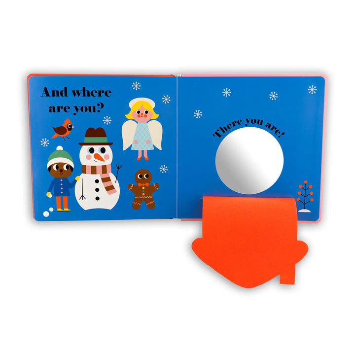 Children's book with Christmas-themed illustrations and a red finger pointer on a white background