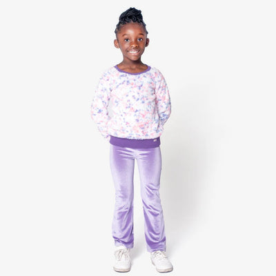 fury willow sweatshirt with lavender legging pants. 