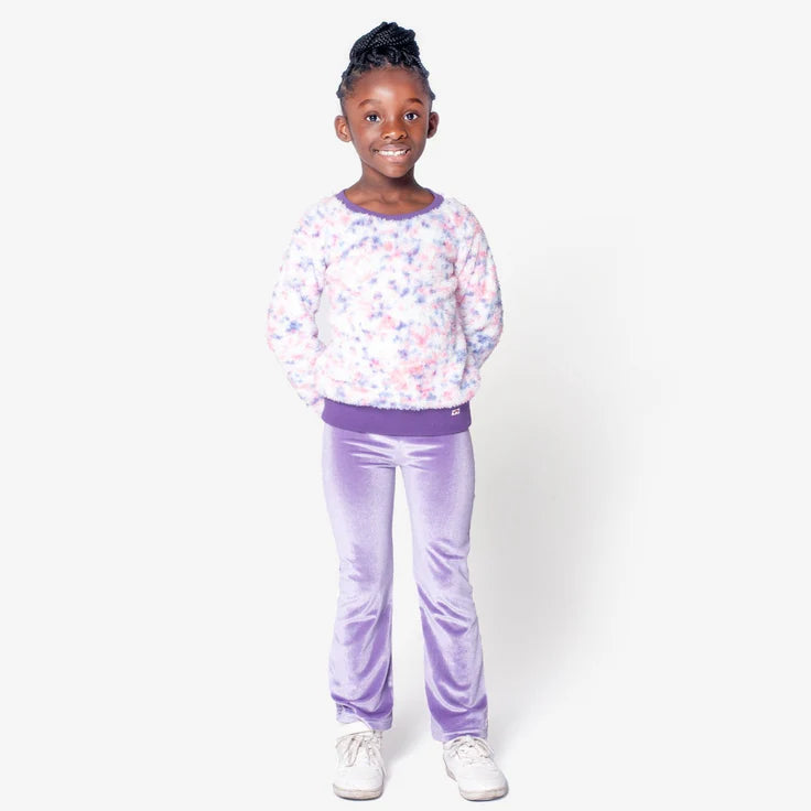 fury willow sweatshirt with lavender legging pants. 