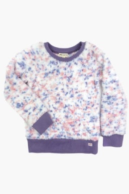 sweatshirt with lavender band at the waist, neck and sleeves. the body of the sweatshirt is soft and feels fury. ivory with lavender and pink speckles 