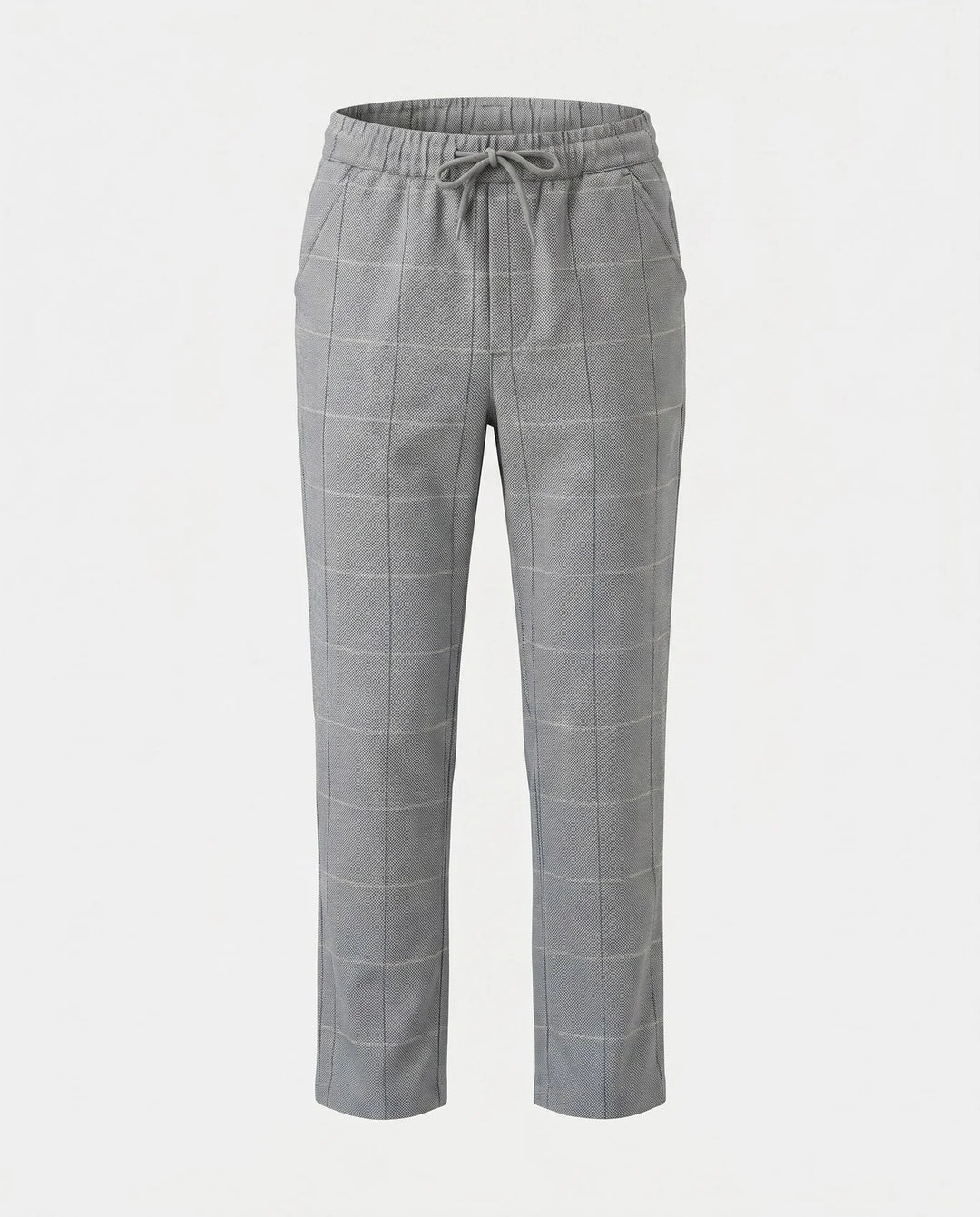gray stretch pants with a slight windowpane. 