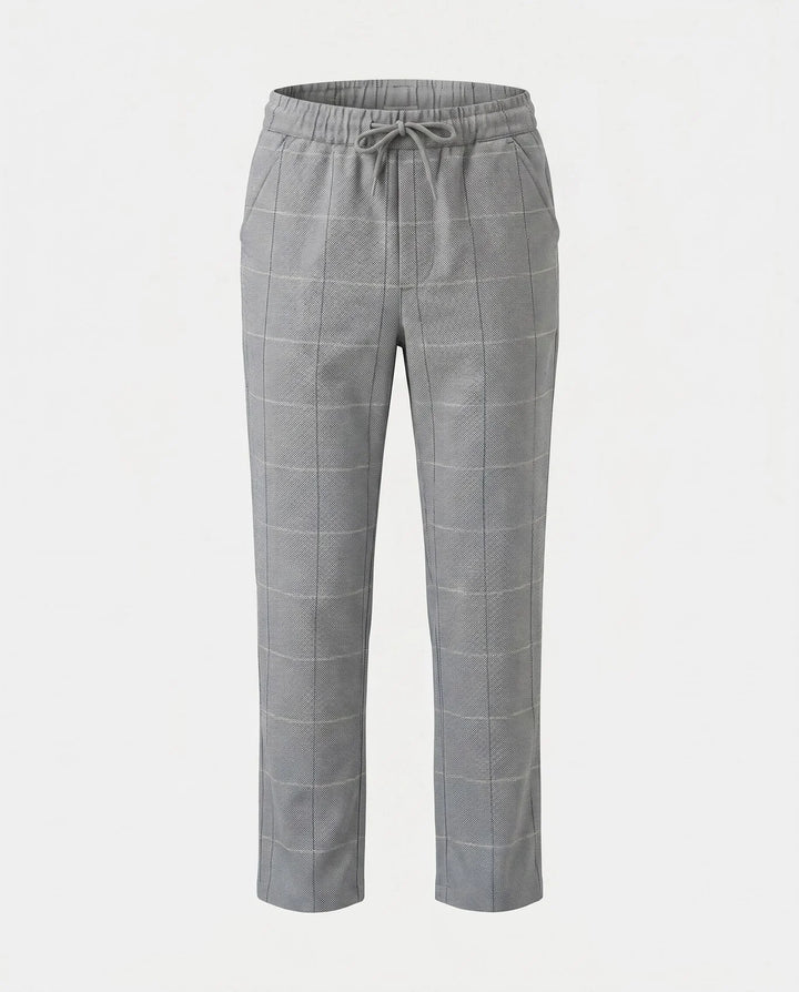 gray stretch pants with a slight windowpane. 