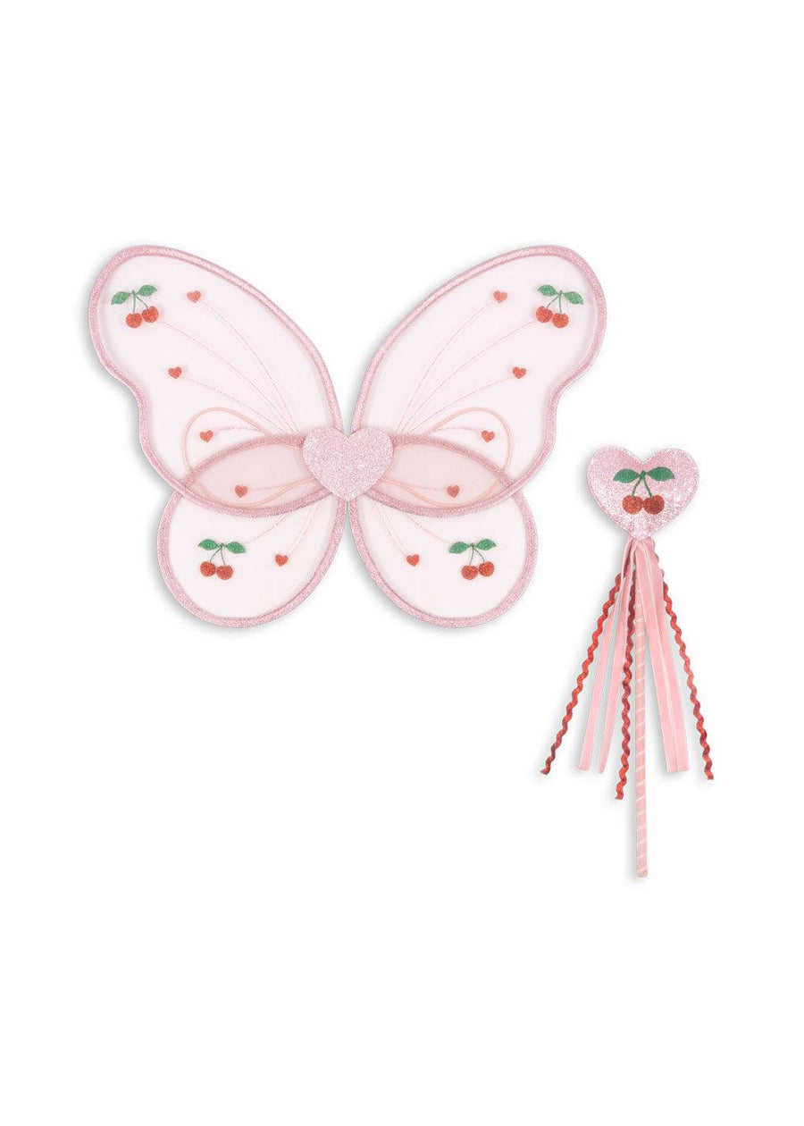 pink tulle butterfly wings and pink heart wand with cherries on the wings and the wand