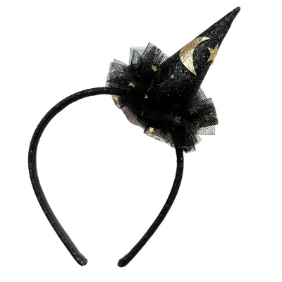 black glitter headband adorned with gold moons and tulle around witch hat