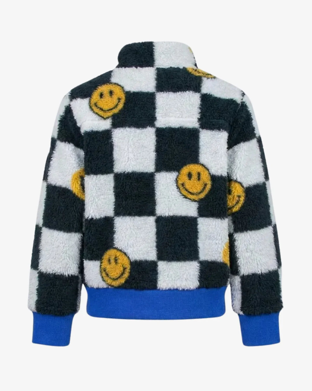 back of a black and white checkered sherpa with smiley faces and blue accents. 