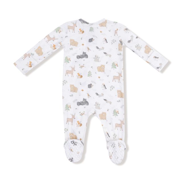 back of Baby onesie with animal pattern on a white background