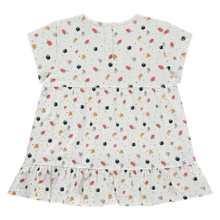 back of baby girl dress with 2 snaps at the top of the dress with tiny strawberries. 