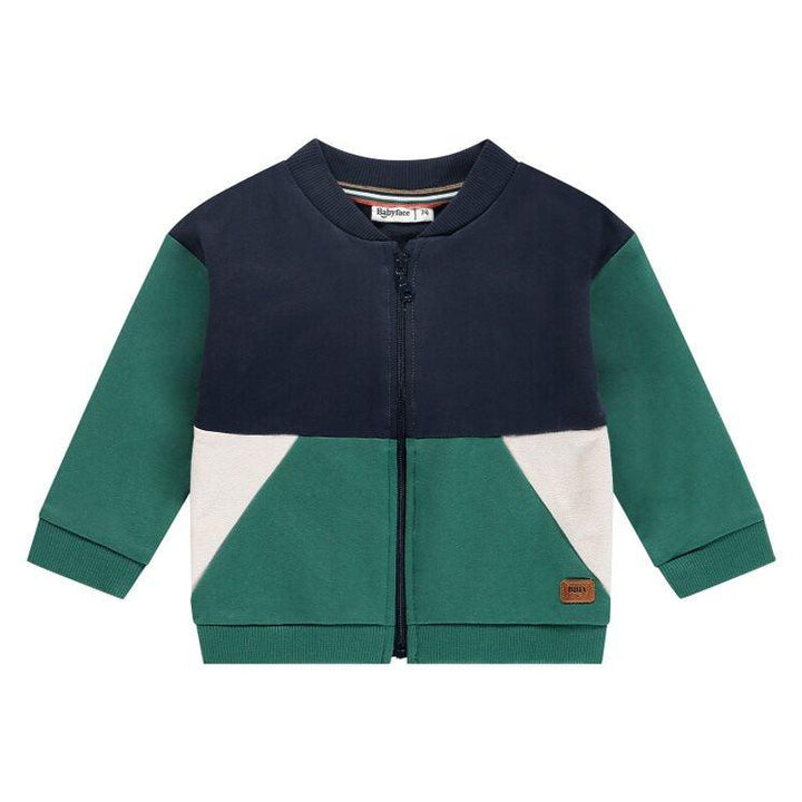 tricolor zip sweatshirt with navy at the top, green sleeves and green bottoms with beige inserts. 