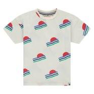 beie t-shirt with blue and green waves and an orange sun popping out from behind them. 