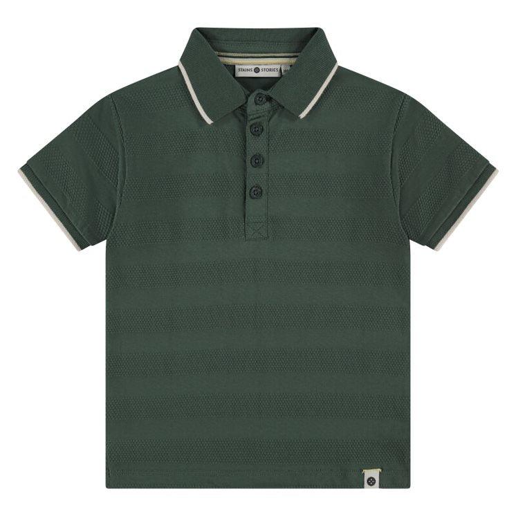 forest green polo shirt with beige trim around the collar. 
