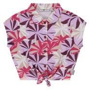 button down collared shirt, lavender with pink, ivory and purple palm print. the top ties at the waist. 