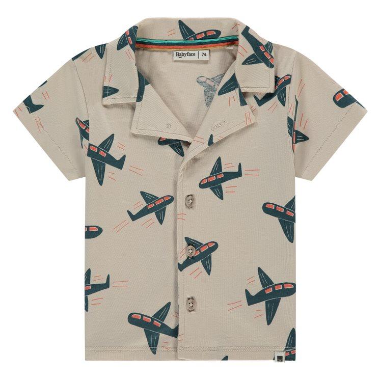 cotton baby boy collared shirt, tan color with green airplanes and orange windows. 
