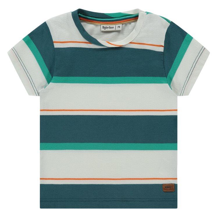 boys t-shirt, crew neck and short sleeve. biege with green and teal stripes with some orange. 