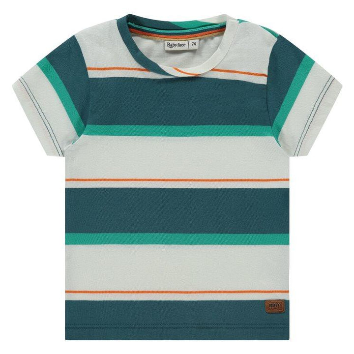 boys t-shirt, crew neck and short sleeve. biege with green and teal stripes with some orange. 