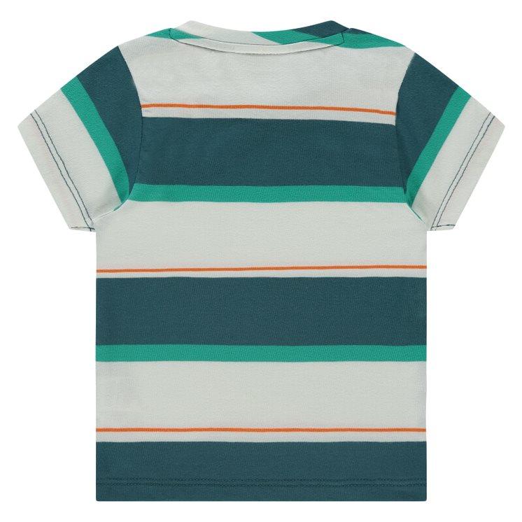 back of t-shirt with short sleeves and stripes. beige ground with green and teal stripes and some orange. 