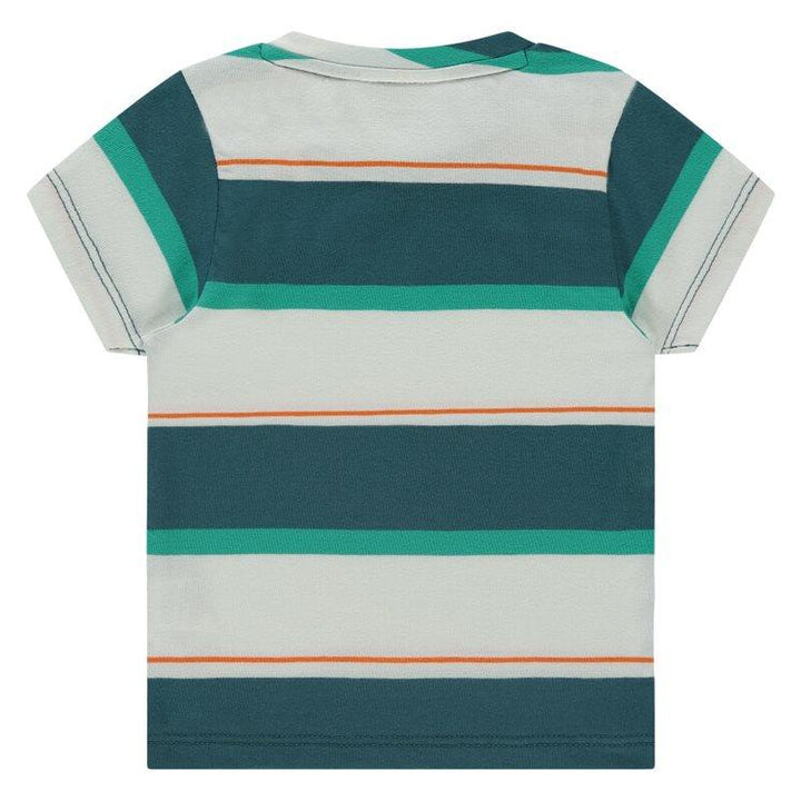 back of t-shirt with short sleeves and stripes. beige ground with green and teal stripes and some orange. 