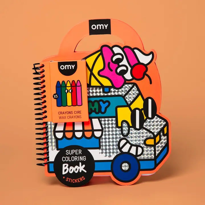 coloring book shaped like an ice cream truck with crayons attached. 
