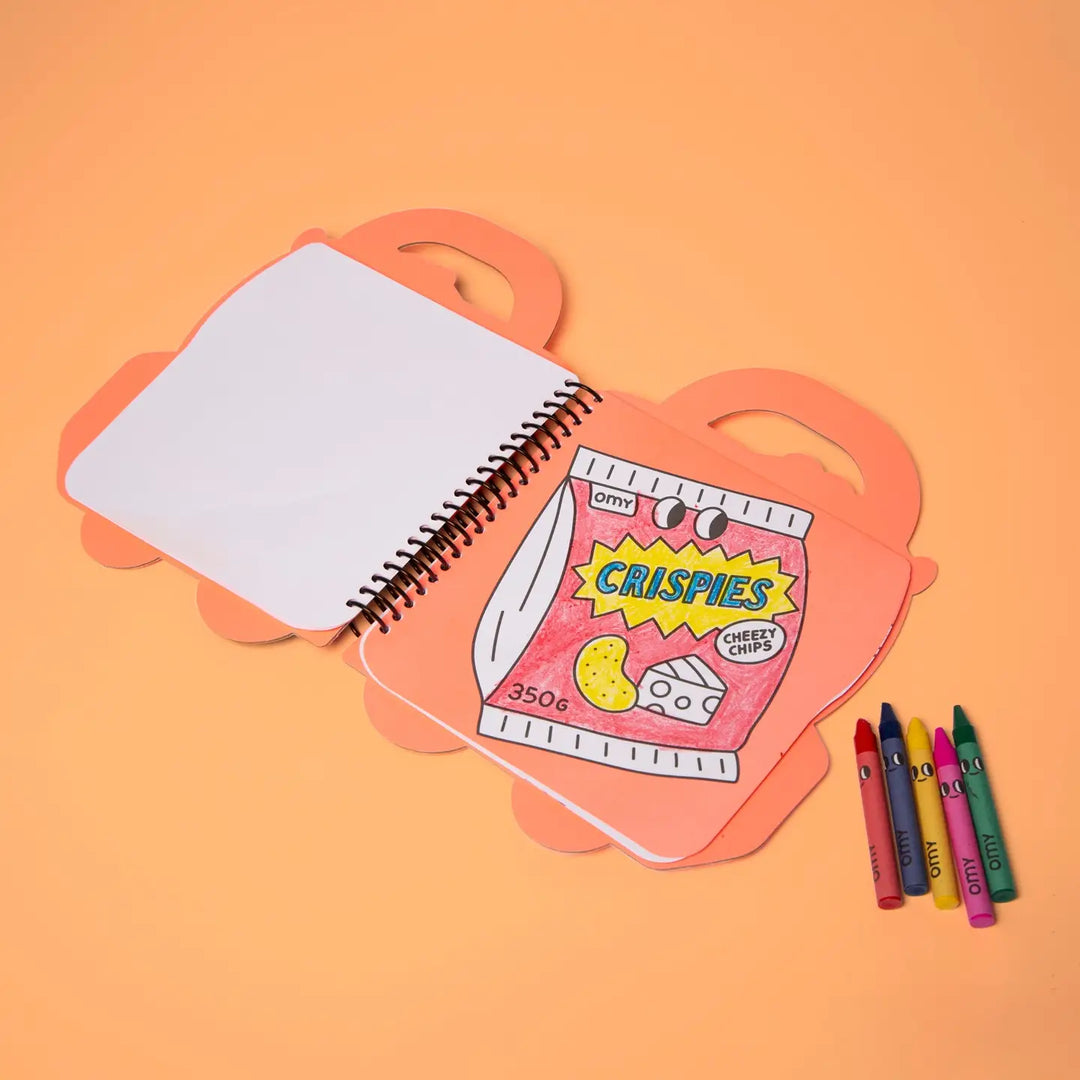 inside pages of coloring books with snack theme colored in with crayons
