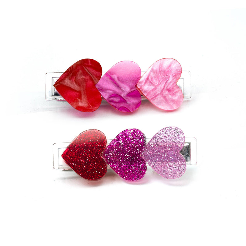 Alligator Clip Set | Hearts Glitter- Pearlized Red Shades | Lilies and Roses NY