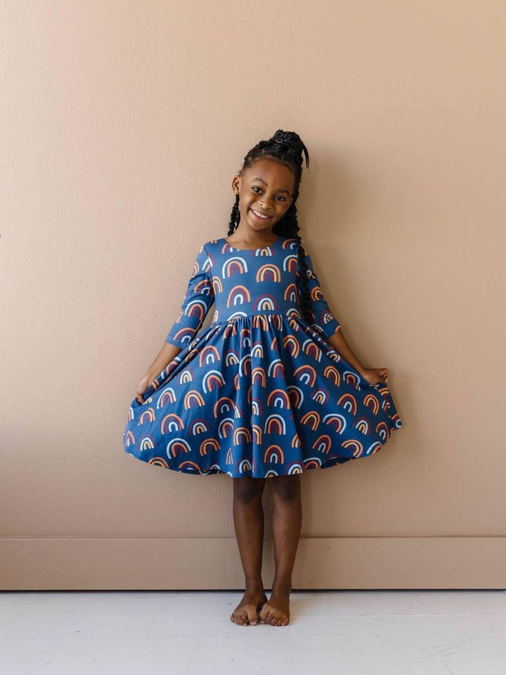 3/4 Sleeve Twirl Dress | Navy Rainbow | Ollie Jay - The Ridge Kids