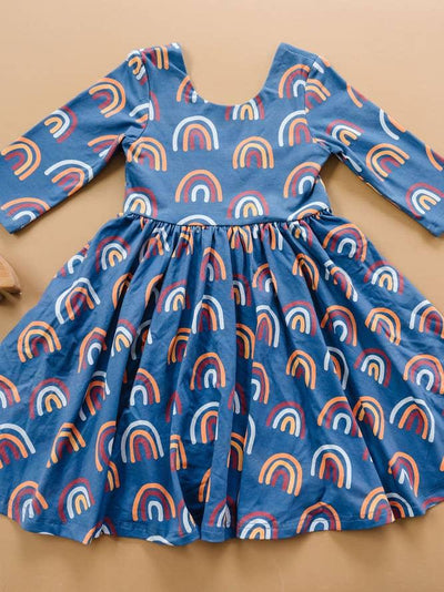 3/4 Sleeve Twirl Dress | Navy Rainbow | Ollie Jay - The Ridge Kids
